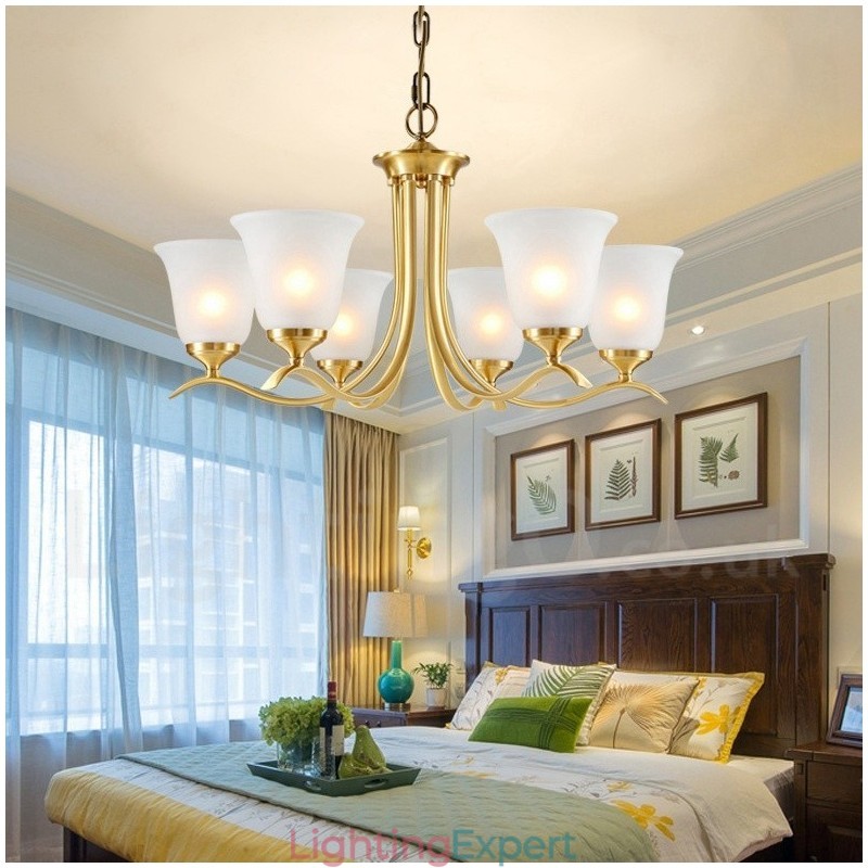Pure Brass Luxurious Rustic Retro Vintage Brass Pendant Candle Chandelier with Glass Shades