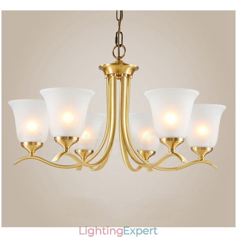 Pure Brass Luxurious Rustic Retro Vintage Brass Pendant Candle Chandelier with Glass Shades