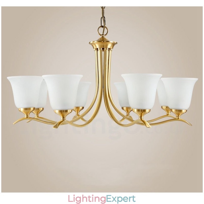 Pure Brass Luxurious Rustic Retro Vintage Brass Pendant Candle Chandelier with Glass Shades