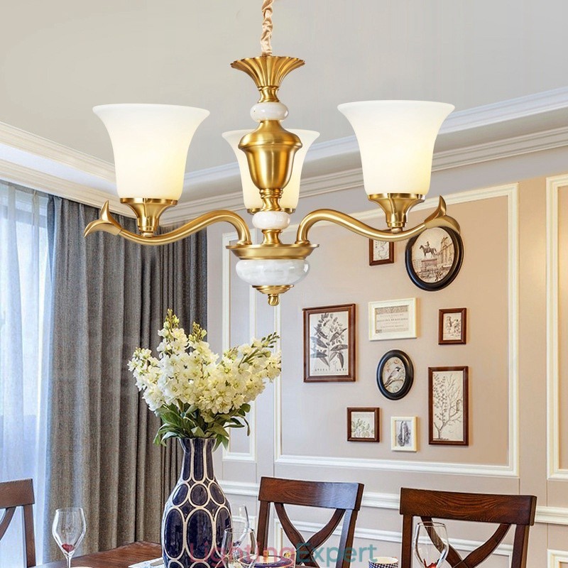 Pure Brass Luxurious Rustic Retro Vintage Brass Stone Pendant Candle Chandelier with Glass Shades