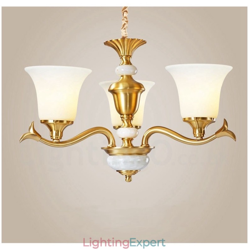 Pure Brass Luxurious Rustic Retro Vintage Brass Stone Pendant Candle Chandelier with Glass Shades