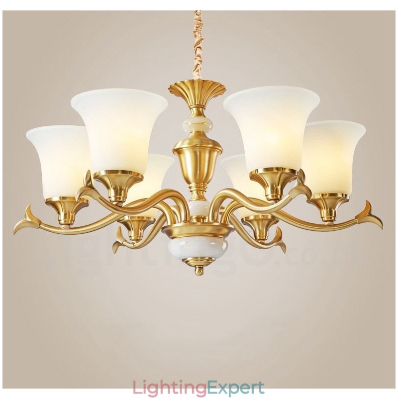 Pure Brass Luxurious Rustic Retro Vintage Brass Stone Pendant Candle Chandelier with Glass Shades