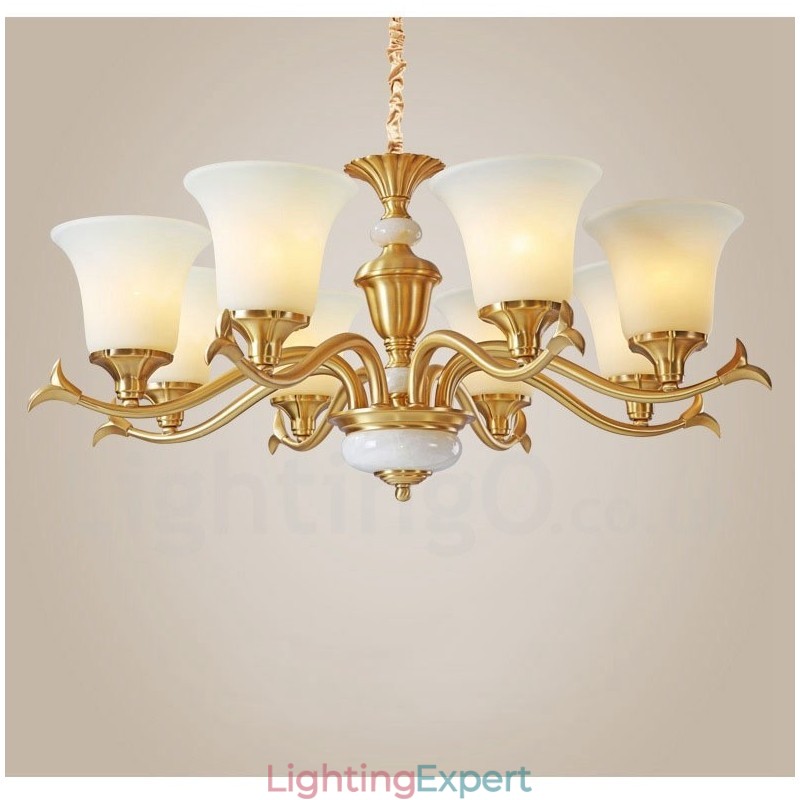 Pure Brass Luxurious Rustic Retro Vintage Brass Stone Pendant Candle Chandelier with Glass Shades