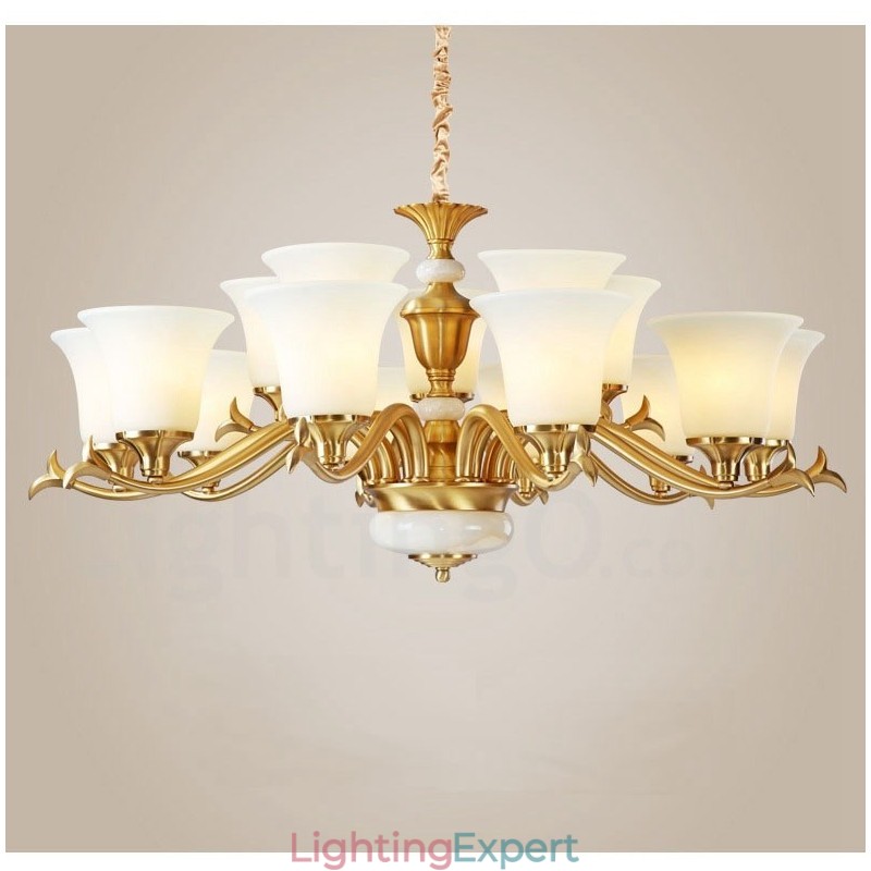 Pure Brass Luxurious Rustic Retro Vintage Brass Stone Pendant Candle Chandelier with Glass Shades