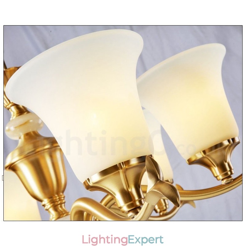 Pure Brass Luxurious Rustic Retro Vintage Brass Stone Pendant Candle Chandelier with Glass Shades