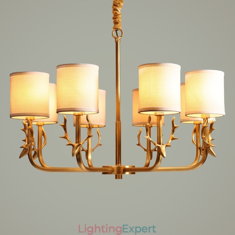 Pure Brass Luxurious Rustic Retro Vintage Brass Pendant Candle Chandelier with Fabric Shades