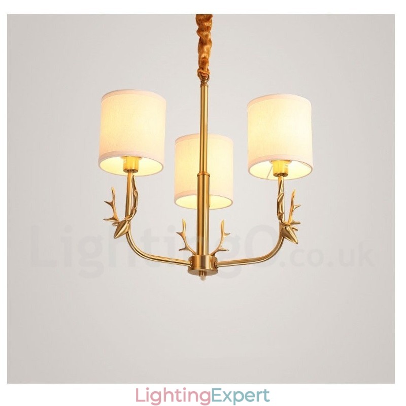 Pure Brass Luxurious Rustic Retro Vintage Brass Pendant Candle Chandelier with Fabric Shades
