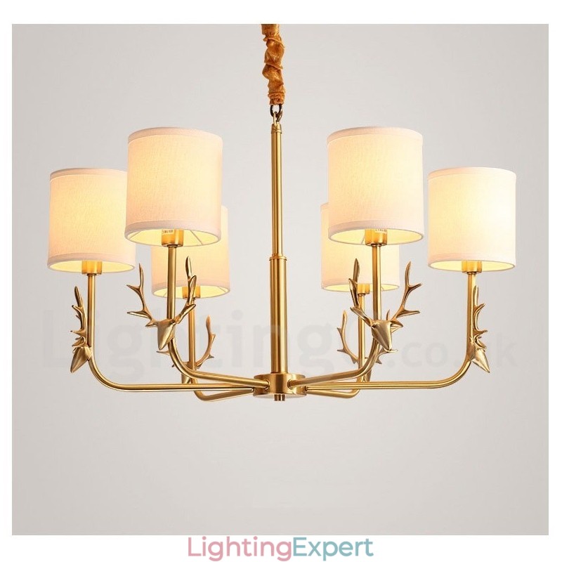 Pure Brass Luxurious Rustic Retro Vintage Brass Pendant Candle Chandelier with Fabric Shades
