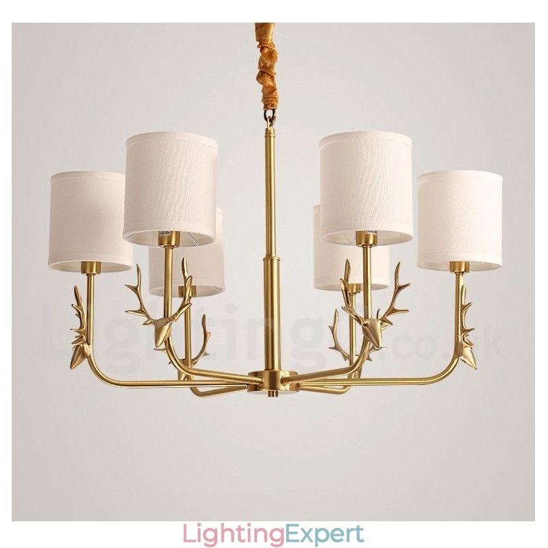 Pure Brass Luxurious Rustic Retro Vintage Brass Pendant Candle Chandelier with Fabric Shades