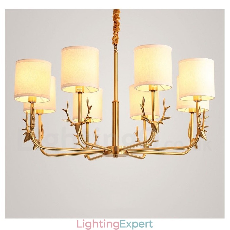 Pure Brass Luxurious Rustic Retro Vintage Brass Pendant Candle Chandelier with Fabric Shades