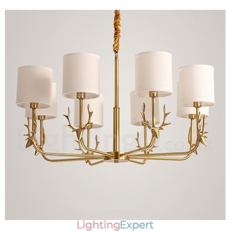 Pure Brass Luxurious Rustic Retro Vintage Brass Pendant Candle Chandelier with Fabric Shades