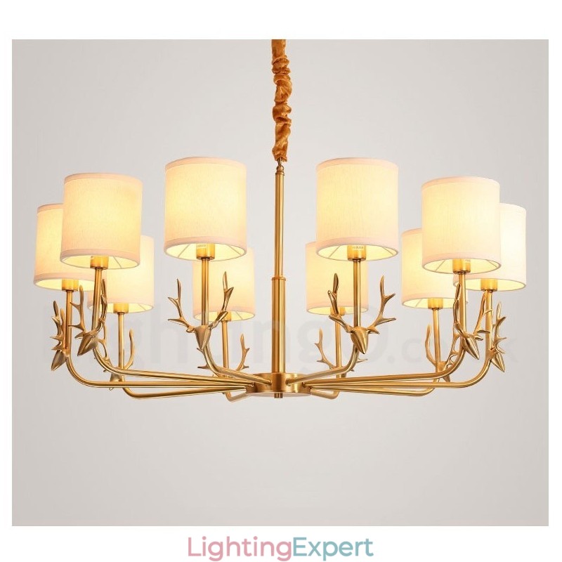 Pure Brass Luxurious Rustic Retro Vintage Brass Pendant Candle Chandelier with Fabric Shades