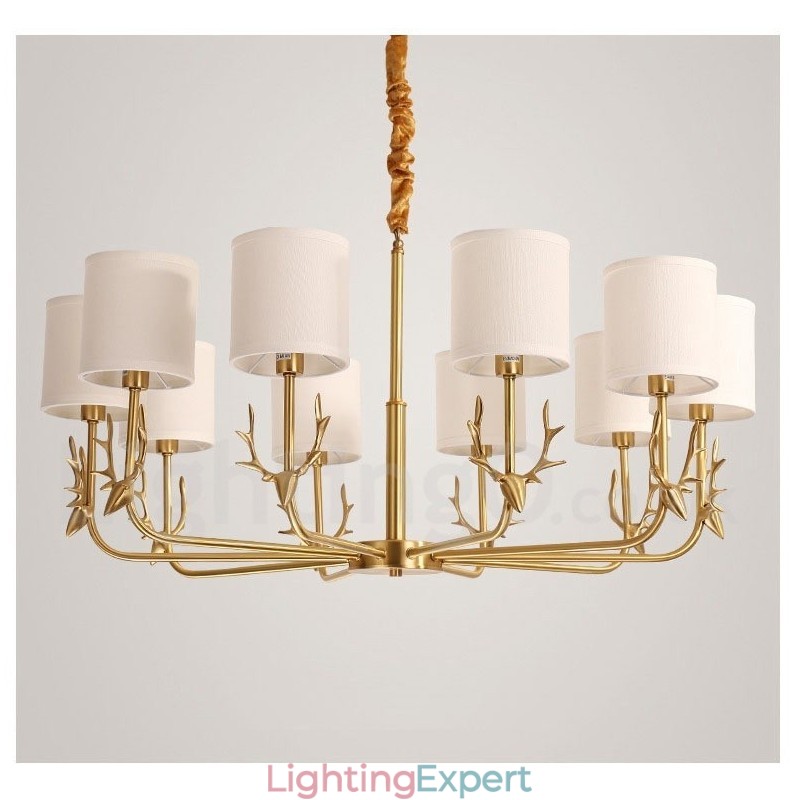 Pure Brass Luxurious Rustic Retro Vintage Brass Pendant Candle Chandelier with Fabric Shades