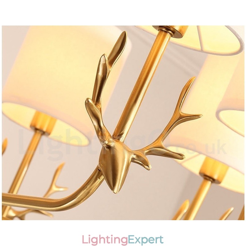 Pure Brass Luxurious Rustic Retro Vintage Brass Pendant Candle Chandelier with Fabric Shades