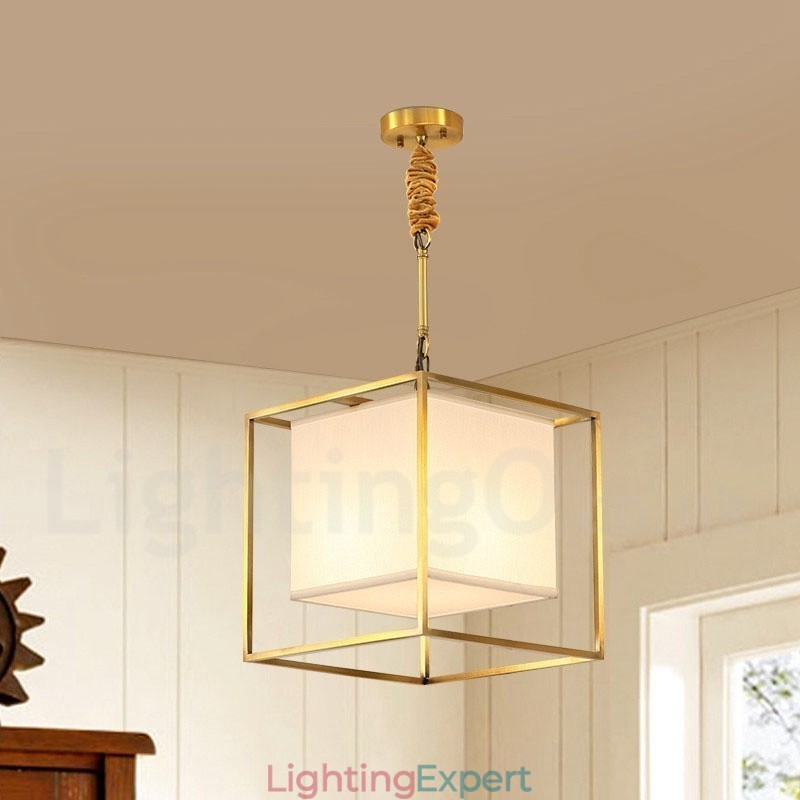Pure Brass Simple Rustic Retro Vintage Brass Pendant Light with Fabric Shade