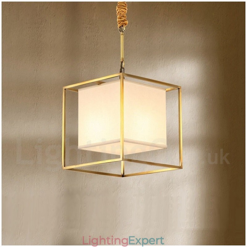 Pure Brass Simple Rustic Retro Vintage Brass Pendant Light with Fabric Shade