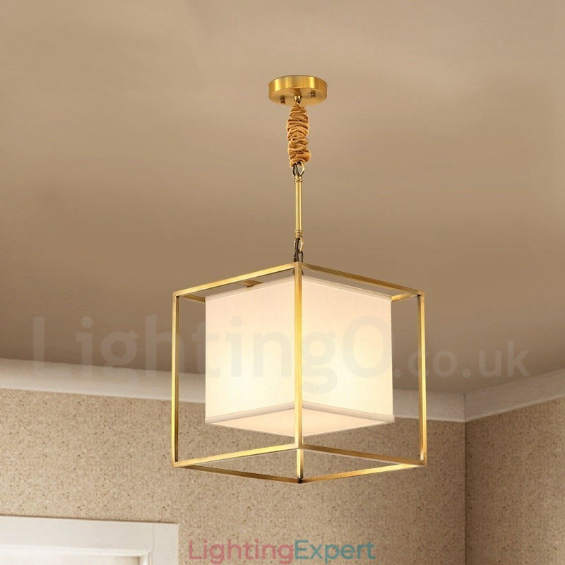 Pure Brass Simple Rustic Retro Vintage Brass Pendant Light with Fabric Shade