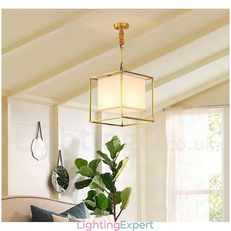 Pure Brass Simple Rustic Retro Vintage Brass Pendant Light with Fabric Shade