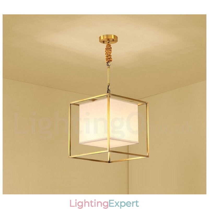 Pure Brass Simple Rustic Retro Vintage Brass Pendant Light with Fabric Shade