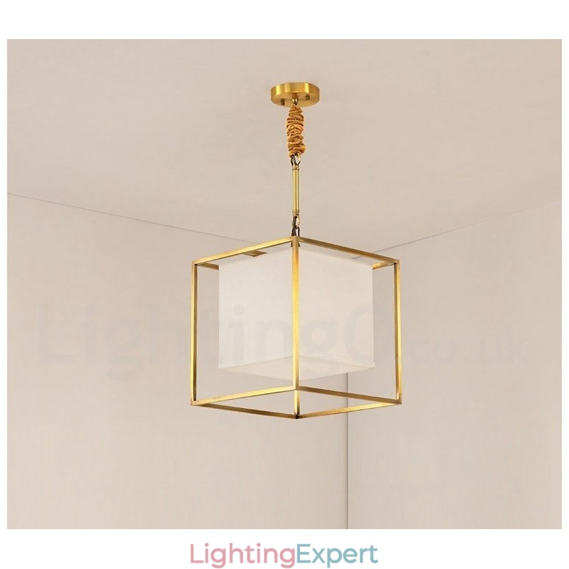 Pure Brass Simple Rustic Retro Vintage Brass Pendant Light with Fabric Shade