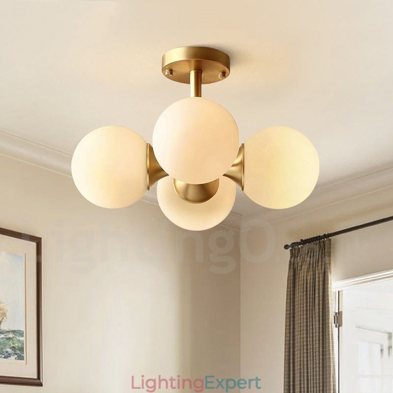 4 Light Pure Brass Modern Contemporary Simple Rustic Retro Vintage Flush Mount Ceiling Light with Glass Shades