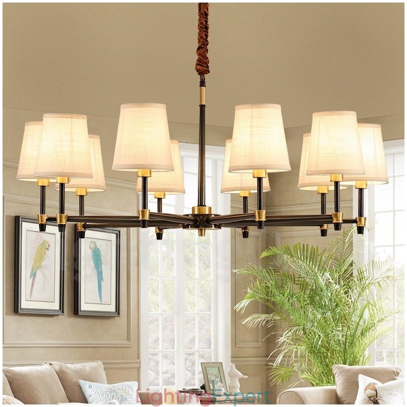 Pure Brass Large Luxurious Rustic Retro Vintage Brass Pendant Chandelier with Fabric Shades
