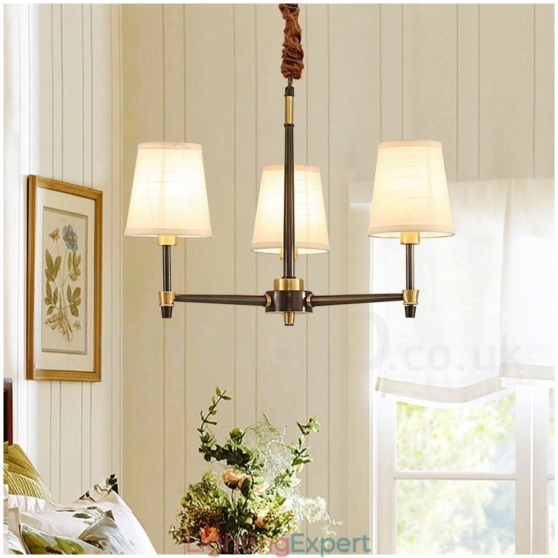 Pure Brass Large Luxurious Rustic Retro Vintage Brass Pendant Chandelier with Fabric Shades