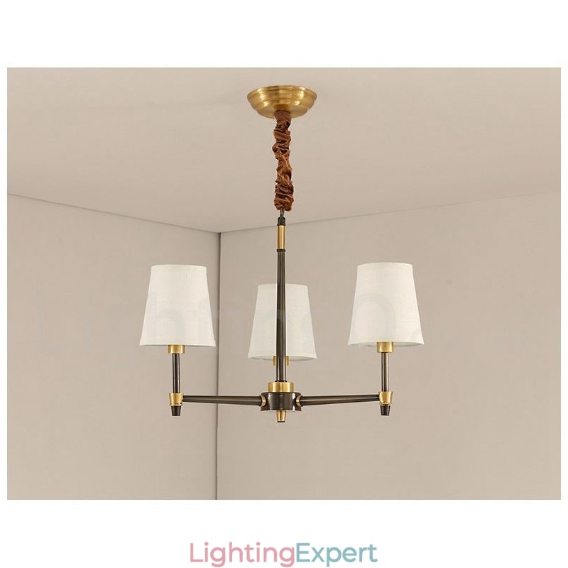 Pure Brass Large Luxurious Rustic Retro Vintage Brass Pendant Chandelier with Fabric Shades