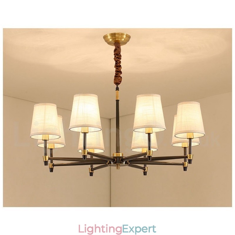 Pure Brass Large Luxurious Rustic Retro Vintage Brass Pendant Chandelier with Fabric Shades
