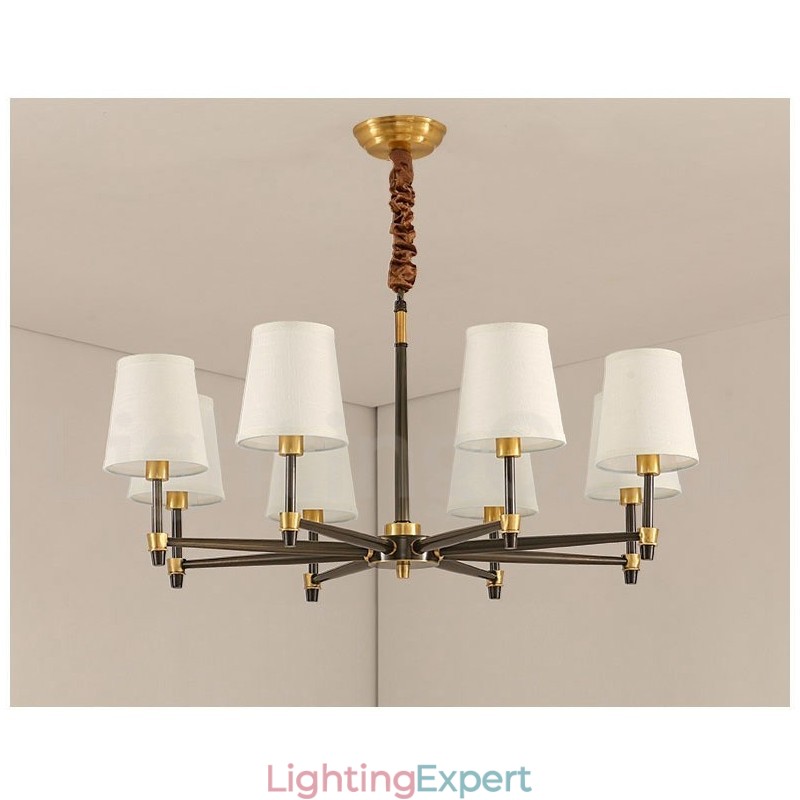 Pure Brass Large Luxurious Rustic Retro Vintage Brass Pendant Chandelier with Fabric Shades