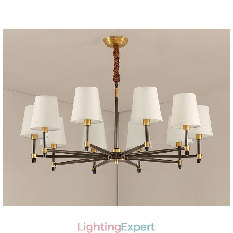 Pure Brass Large Luxurious Rustic Retro Vintage Brass Pendant Chandelier with Fabric Shades