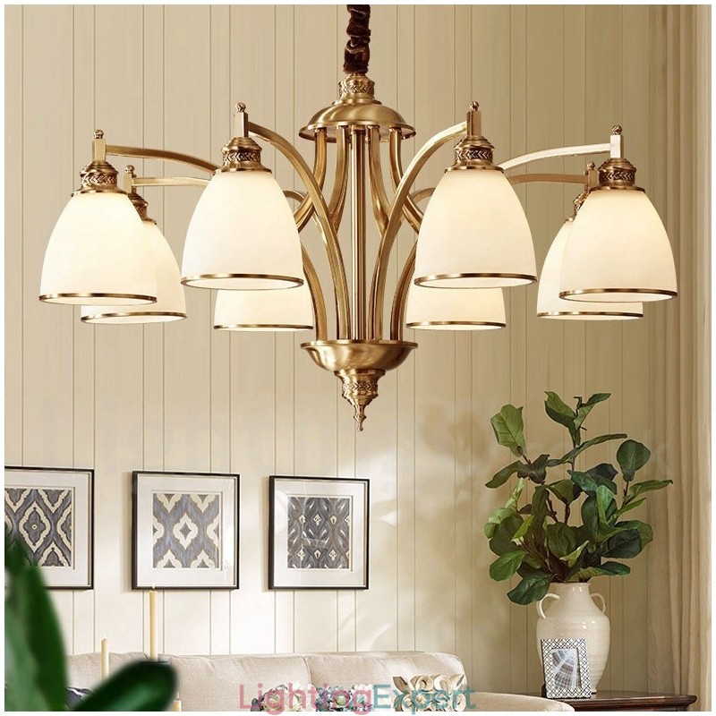 Pure Brass Large Luxurious Rustic Retro Vintage Brass Pendant Chandelier with Glass Shades