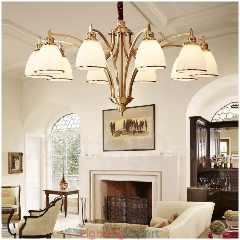 Pure Brass Large Luxurious Rustic Retro Vintage Brass Pendant Chandelier with Glass Shades
