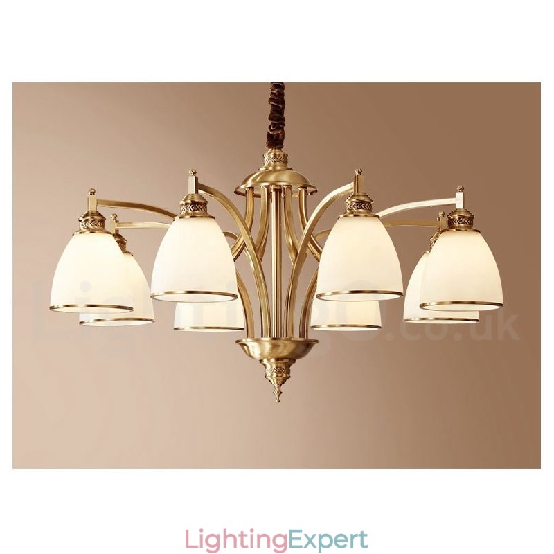 Pure Brass Large Luxurious Rustic Retro Vintage Brass Pendant Chandelier with Glass Shades
