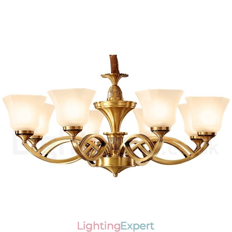 Pure Brass Large Luxurious Rustic Retro Vintage Brass Pendant Chandelier with Glass Shades