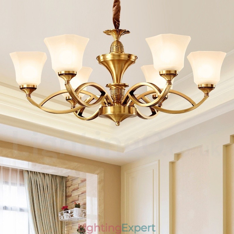 Pure Brass Large Luxurious Rustic Retro Vintage Brass Pendant Chandelier with Glass Shades