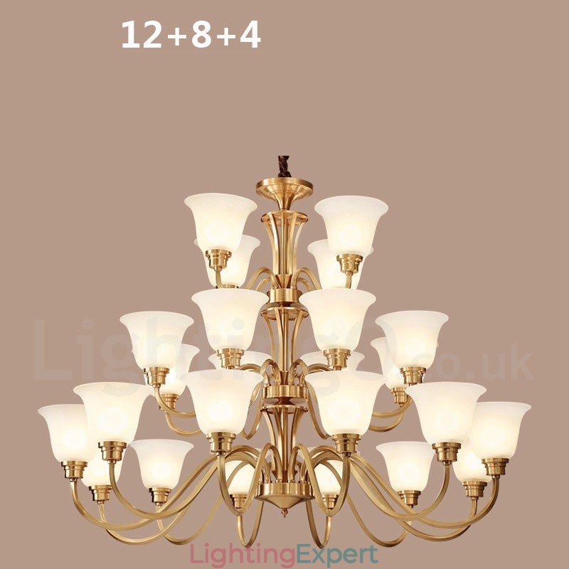 Pure Brass Large Luxurious Rustic Retro Vintage Solid Brass Pendant Chandelier with Glass Shades