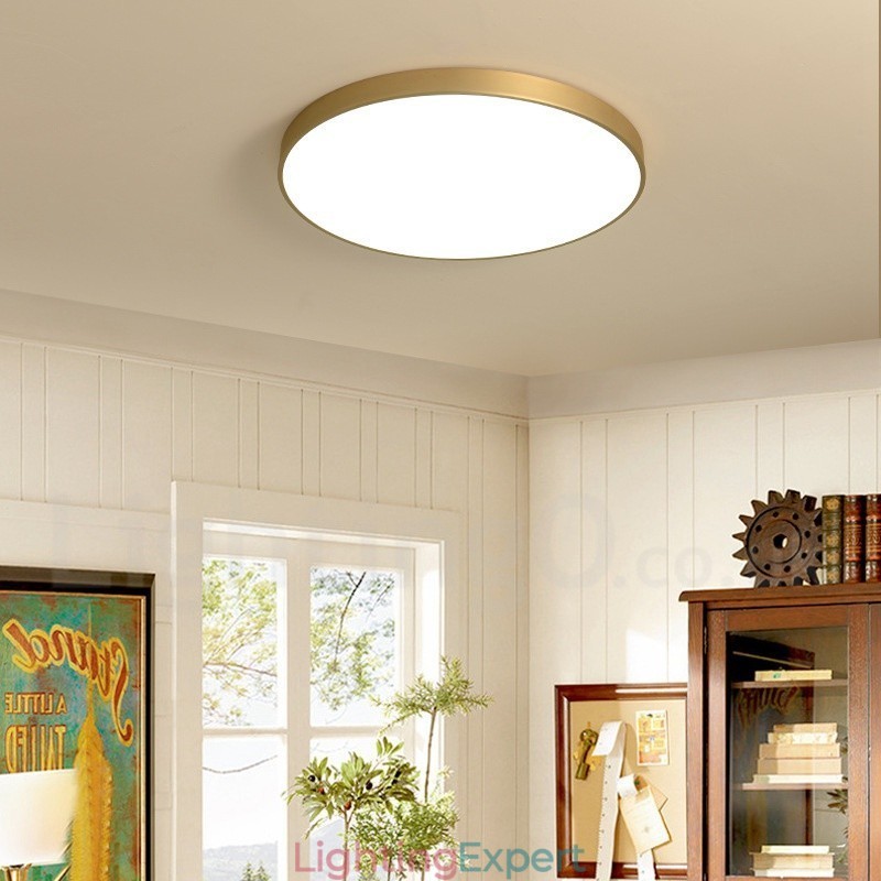 Ultra Thin 100% Brass Round Dimmable Modern Contemporary Nordic Style Flush Mount Brass Ceiling Lights with Acrylic Shade Also Can Be Used As Wall Light