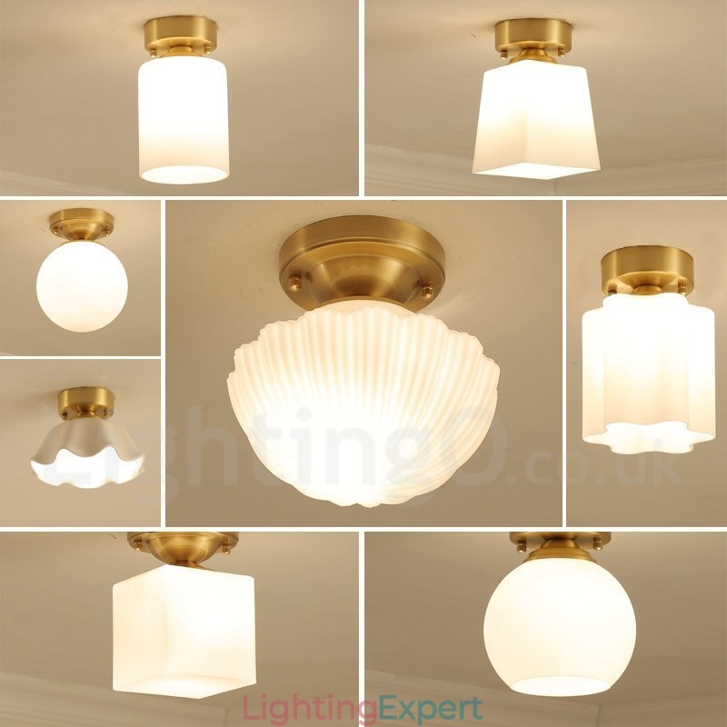 Pure Brass Rustic Lodge Nordic Style Flush Mount Ceiling Lights with Glass Shade