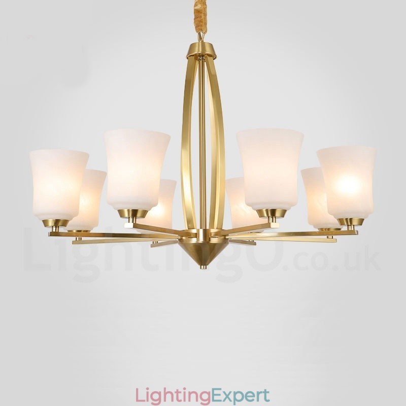 8 Light Pure Brass Large Luxurious Rustic Retro Vintage Brass Pendant Chandelier with Glass Shades