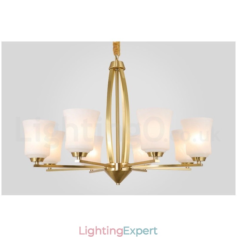 8 Light Pure Brass Large Luxurious Rustic Retro Vintage Brass Pendant Chandelier with Glass Shades