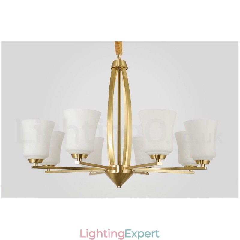 8 Light Pure Brass Large Luxurious Rustic Retro Vintage Brass Pendant Chandelier with Glass Shades