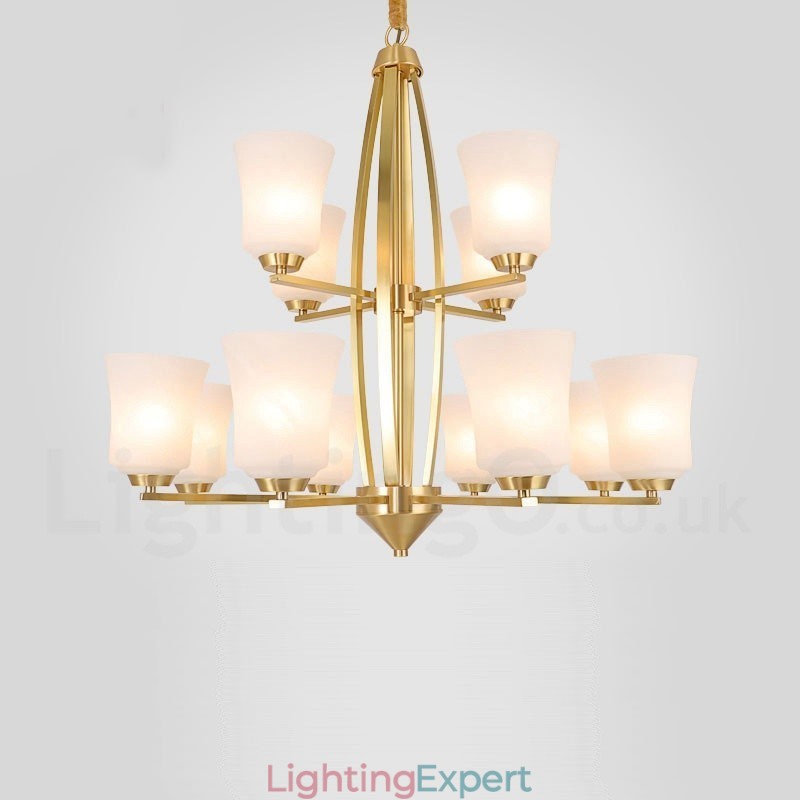 12 Light Pure Brass Large Luxurious Rustic Retro Vintage Brass Pendant Chandelier with Glass Shades