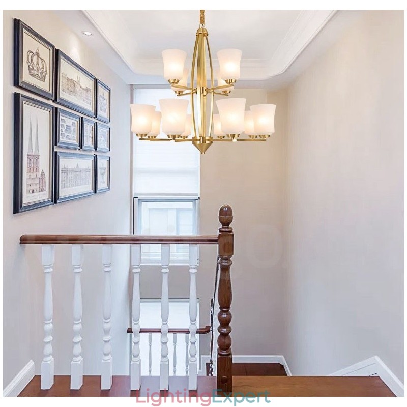 12 Light Pure Brass Large Luxurious Rustic Retro Vintage Brass Pendant Chandelier with Glass Shades