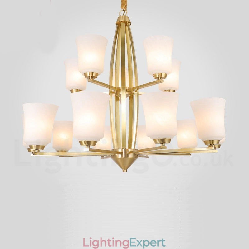 15 Light Pure Brass Large Luxurious Rustic Retro Vintage Brass Pendant Chandelier with Glass Shades