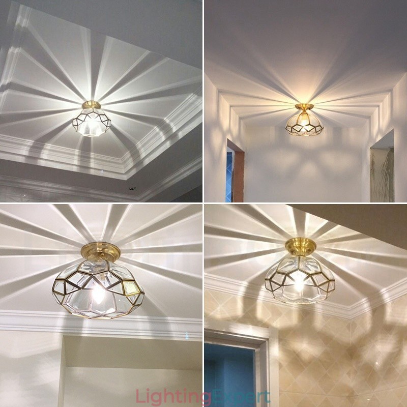 Pure Brass Rustic Lodge Nordic Style Flush Mount Ceiling Light with Glass Shade