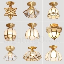 Pure Brass Rustic Lodge Nordic Style Flush Mount Ceiling Light with Glass Shade