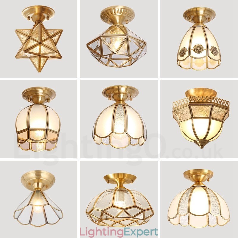 Pure Brass Rustic Lodge Nordic Style Flush Mount Ceiling Light with Glass Shade