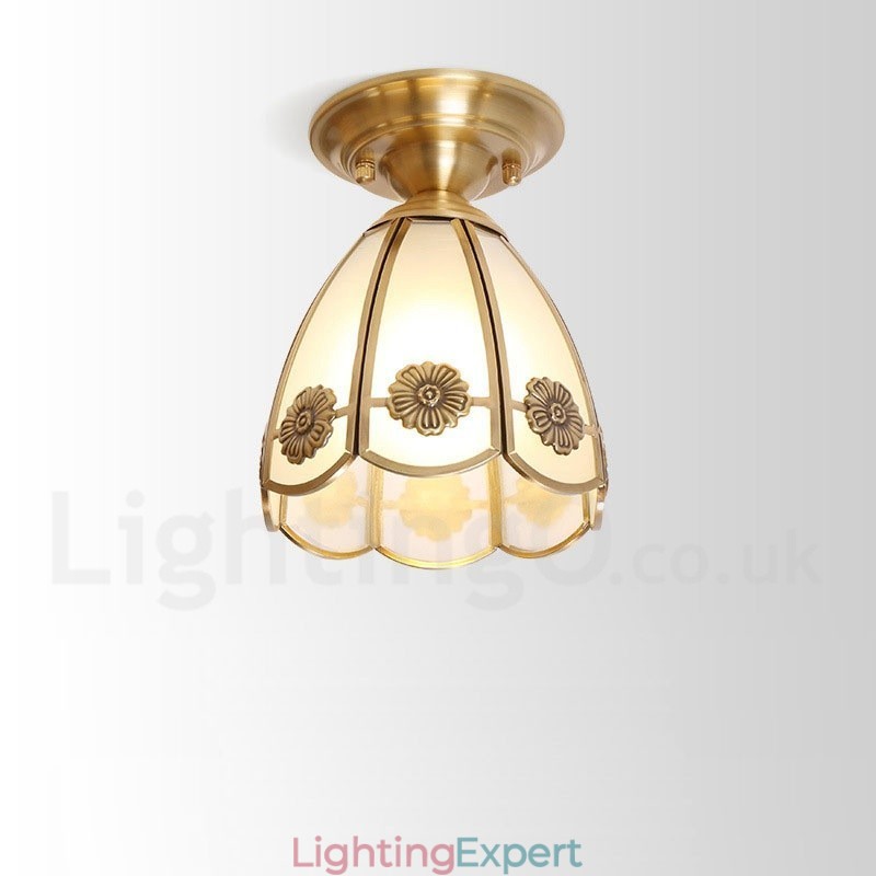 Pure Brass Rustic Lodge Nordic Style Flush Mount Ceiling Light with Glass Shade