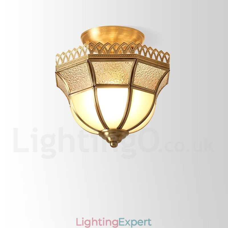 Pure Brass Rustic Lodge Nordic Style Flush Mount Ceiling Light with Glass Shade